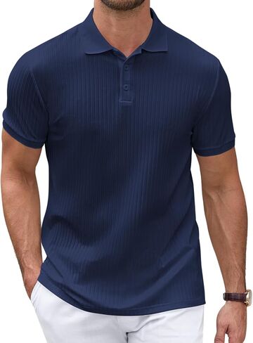 Polo Shirts for Men Short Sleeve Summer Casual Golf Shirts Collared Textured Slim Fit Button Men's Polo T Shirts in Saudi Arabia
