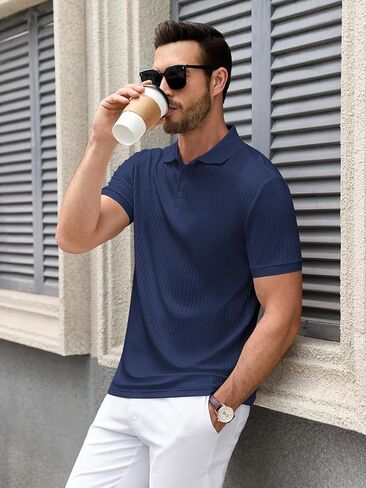 Polo Shirts for Men Short Sleeve Summer Casual Golf Shirts Collared Textured Slim Fit Button Men's Polo T Shirts in Saudi Arabia