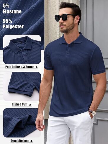 Polo Shirts for Men Short Sleeve Summer Casual Golf Shirts Collared Textured Slim Fit Button Men's Polo T Shirts in Saudi Arabia