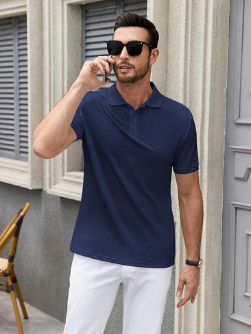 Polo Shirts for Men Short Sleeve Summer Casual Golf Shirts Collared Textured Slim Fit Button Men's Polo T Shirts in Saudi Arabia