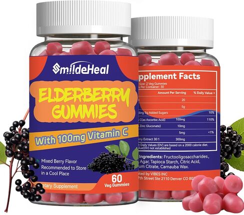 Elderberry Gummies, Elderberry Extract 300mg, with Vitamin C and Zinc, Strawberry Flavor Gummies, Non-GMOs, Gluten Free, Vegan-Friendly, Immune Support, 60 Count in Kuwait