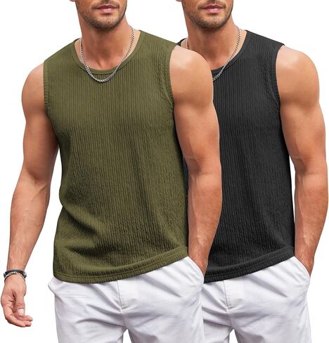 COOFANDY Mens Stretchy Tank Tops 2 Pack Sleeveless Knit Shirt Casual Tank Shitrs Wide Sleeve Army Green in Saudi Arabia