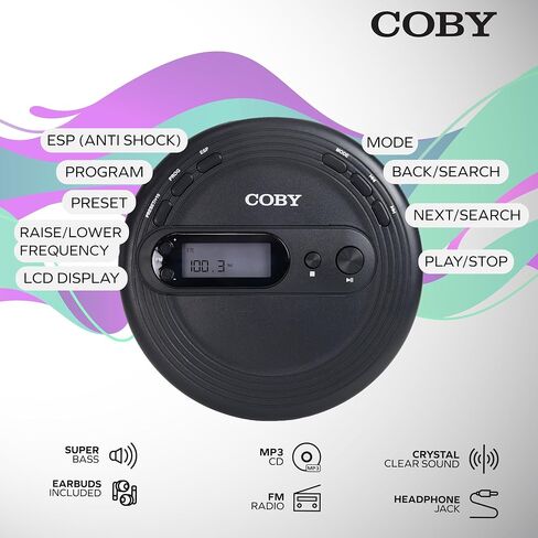مشغل أقراص مضغوطة محمول من Coby مع حماية من التخطي - مشغل أقراص موسيقى خفيف الوزن ومقاوم للصدمات مع راديو FM وسماعات أذن عالية الجودة | مثالي للمنزل والسيارة والسفر، أسود in Kuwait