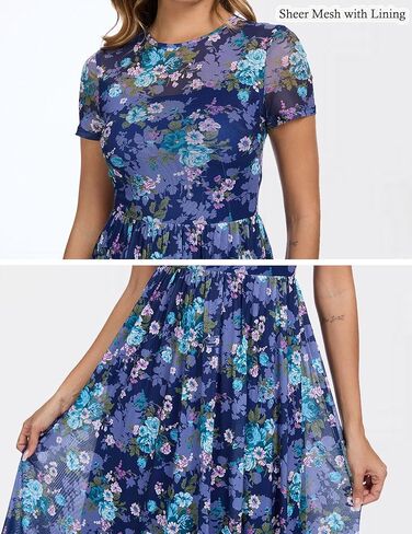 Summer Floral Mesh Maxi Dresses for Women 2025 Sexy Crew Neck Flowy Swing Long Work Cocktail Dress for Wedding Guest in Kuwait