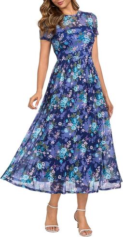 Summer Floral Mesh Maxi Dresses for Women 2025 Sexy Crew Neck Flowy Swing Long Work Cocktail Dress for Wedding Guest in Kuwait