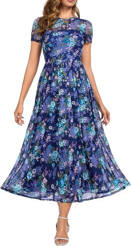 Summer Floral Mesh Maxi Dresses for Women 2025 Sexy Crew Neck Flowy Swing Long Work Cocktail Dress for Wedding Guest in Kuwait