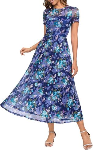 Summer Floral Mesh Maxi Dresses for Women 2025 Sexy Crew Neck Flowy Swing Long Work Cocktail Dress for Wedding Guest in Kuwait