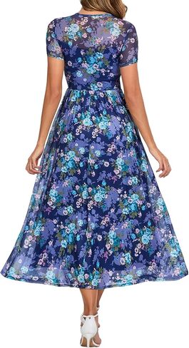 Summer Floral Mesh Maxi Dresses for Women 2025 Sexy Crew Neck Flowy Swing Long Work Cocktail Dress for Wedding Guest in Kuwait