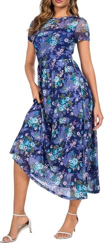 Summer Floral Mesh Maxi Dresses for Women 2025 Sexy Crew Neck Flowy Swing Long Work Cocktail Dress for Wedding Guest in Kuwait