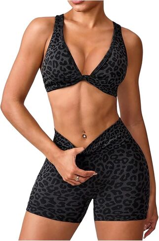 Women's 2 Piece Leopard Print Athletic Outfits Criss Cross Sports Bra and Biker Shorts Gym Tracksuits in Saudi Arabia