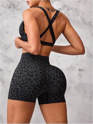 Women's 2 Piece Leopard Print Athletic Outfits Criss Cross Sports Bra and Biker Shorts Gym Tracksuits in Saudi Arabia