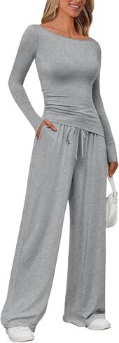 LILLUSORY Womens Boat Neck Long Sleeve Side Ruching Asymmetric Hem Top Wide Leg Pants 2 Piece Casual Lounge Set with Pockets in Saudi Arabia