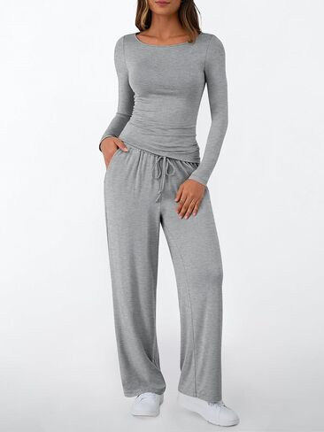 LILLUSORY Womens Boat Neck Long Sleeve Side Ruching Asymmetric Hem Top Wide Leg Pants 2 Piece Casual Lounge Set with Pockets in Saudi Arabia