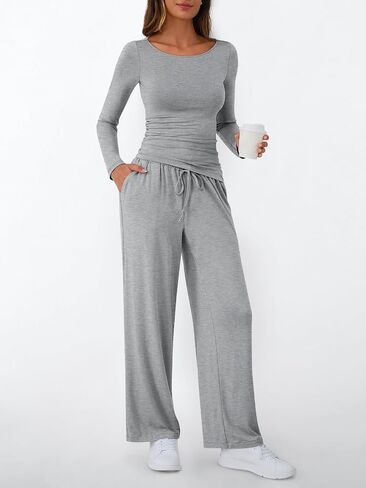 LILLUSORY Womens Boat Neck Long Sleeve Side Ruching Asymmetric Hem Top Wide Leg Pants 2 Piece Casual Lounge Set with Pockets in Saudi Arabia
