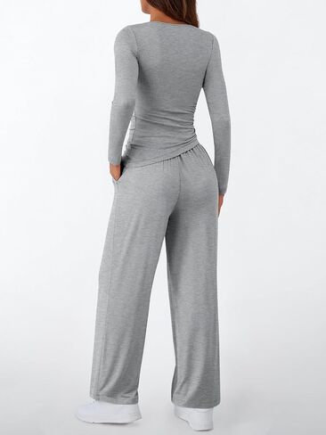 LILLUSORY Womens Boat Neck Long Sleeve Side Ruching Asymmetric Hem Top Wide Leg Pants 2 Piece Casual Lounge Set with Pockets in Saudi Arabia