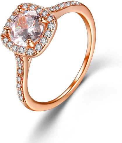 18K Rose Gold Plated Round Cubic Zirconia Three-in-One Halo Wedding Engagement Square Eternity Rings Set Women's Band for Bridal Mom Lover in Saudi Arabia