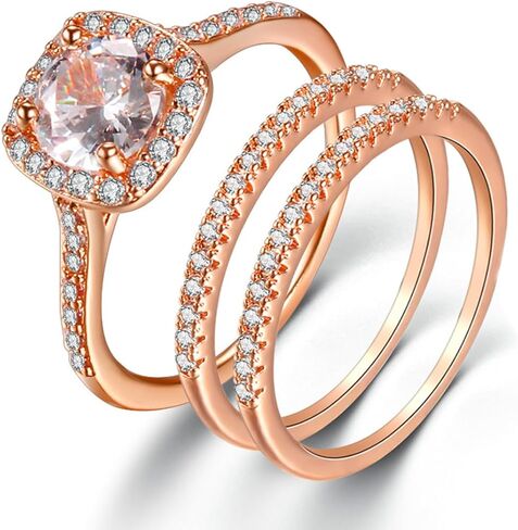 18K Rose Gold Plated Round Cubic Zirconia Three-in-One Halo Wedding Engagement Square Eternity Rings Set Women's Band for Bridal Mom Lover in Saudi Arabia
