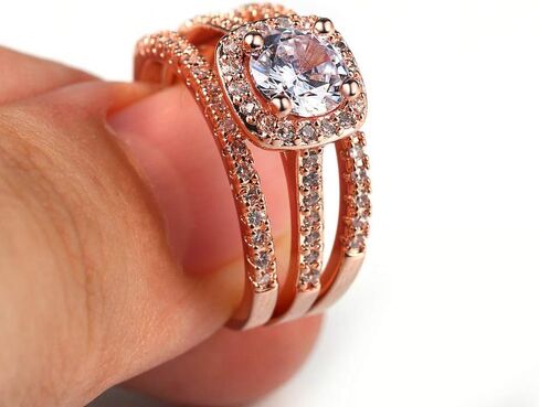 18K Rose Gold Plated Round Cubic Zirconia Three-in-One Halo Wedding Engagement Square Eternity Rings Set Women's Band for Bridal Mom Lover in Saudi Arabia
