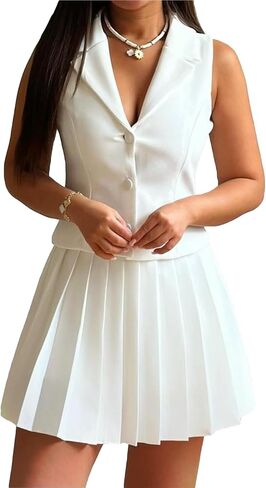 Skirt Suit Set for Women V Neck Backless Sleeveless Blazer Vest and Mini Pleated Skirts in Saudi Arabia