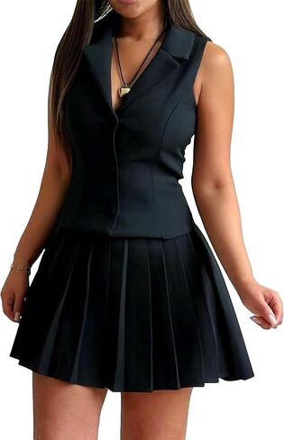 Skirt Suit Set for Women V Neck Backless Sleeveless Blazer Vest and Mini Pleated Skirts in Saudi Arabia