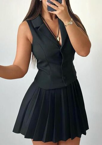 Skirt Suit Set for Women V Neck Backless Sleeveless Blazer Vest and Mini Pleated Skirts in Saudi Arabia