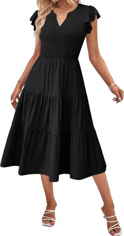 ZEAGOO Womens Summer Casual Dresses Ruffle Sleeve V Neck Midi Dress Flowy Tiered Dress with Pockets Boho Sundresses in Kuwait