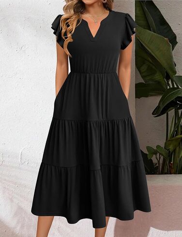 ZEAGOO Womens Summer Casual Dresses Ruffle Sleeve V Neck Midi Dress Flowy Tiered Dress with Pockets Boho Sundresses in Kuwait