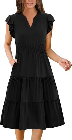ZEAGOO Womens Summer Casual Dresses Ruffle Sleeve V Neck Midi Dress Flowy Tiered Dress with Pockets Boho Sundresses in Kuwait