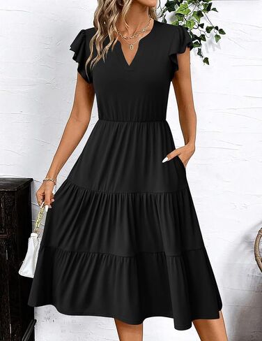 ZEAGOO Womens Summer Casual Dresses Ruffle Sleeve V Neck Midi Dress Flowy Tiered Dress with Pockets Boho Sundresses in Kuwait