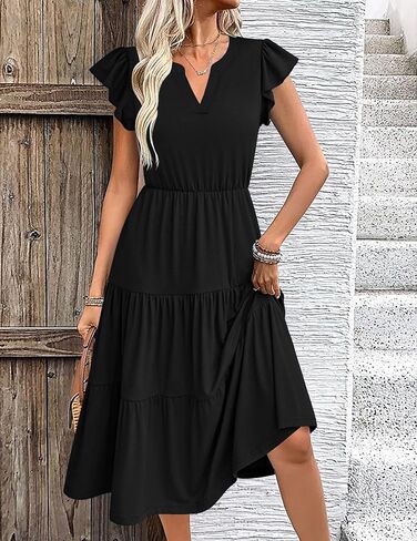 ZEAGOO Womens Summer Casual Dresses Ruffle Sleeve V Neck Midi Dress Flowy Tiered Dress with Pockets Boho Sundresses in Kuwait
