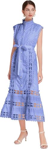 LAI MENG FIVE CATS Women's Sleeveless Hollow Out Lace Button Up Casual Midi Party Dress with Belt in Saudi Arabia
