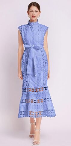 LAI MENG FIVE CATS Women's Sleeveless Hollow Out Lace Button Up Casual Midi Party Dress with Belt in Saudi Arabia