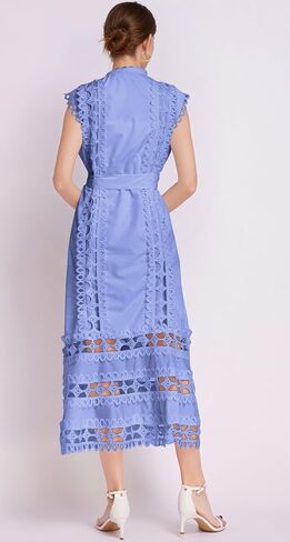 LAI MENG FIVE CATS Women's Sleeveless Hollow Out Lace Button Up Casual Midi Party Dress with Belt in Saudi Arabia