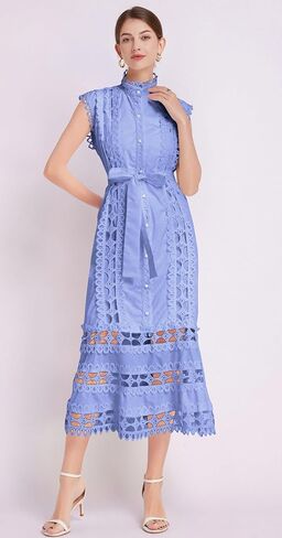 LAI MENG FIVE CATS Women's Sleeveless Hollow Out Lace Button Up Casual Midi Party Dress with Belt in Saudi Arabia
