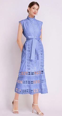 LAI MENG FIVE CATS Women's Sleeveless Hollow Out Lace Button Up Casual Midi Party Dress with Belt in Saudi Arabia