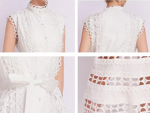 LAI MENG FIVE CATS Women's Sleeveless Hollow Out Lace Button Up Casual Midi Party Dress with Belt in Saudi Arabia