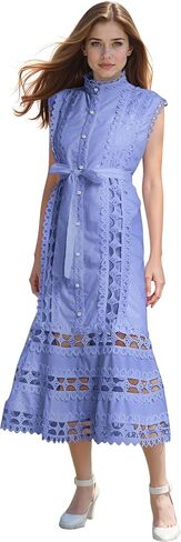 LAI MENG FIVE CATS Women's Sleeveless Hollow Out Lace Button Up Casual Midi Party Dress with Belt in Saudi Arabia