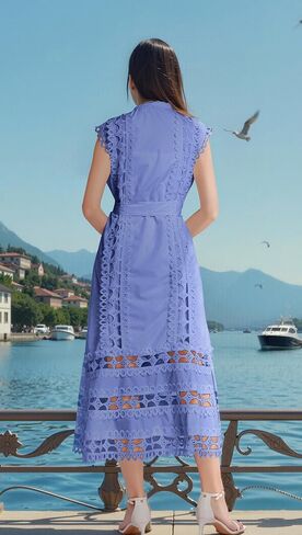 LAI MENG FIVE CATS Women's Sleeveless Hollow Out Lace Button Up Casual Midi Party Dress with Belt in Saudi Arabia