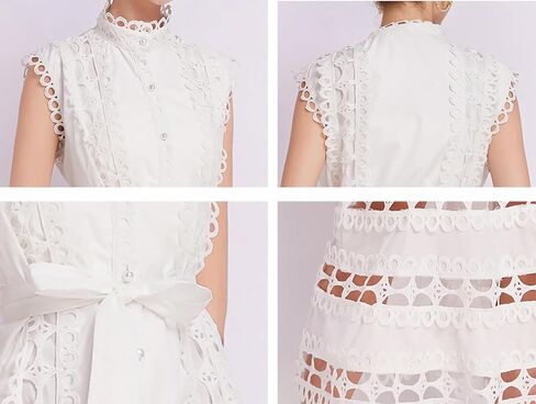 LAI MENG FIVE CATS Women's Sleeveless Hollow Out Lace Button Up Casual Midi Party Dress with Belt in Saudi Arabia
