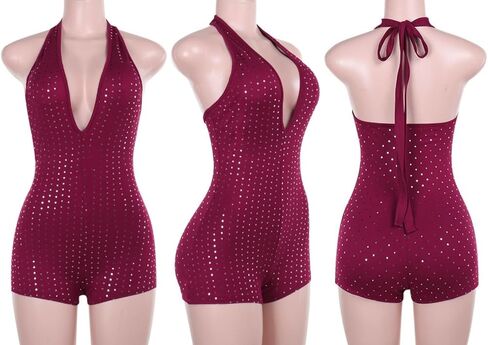 ECHOINE Women V Neck Sleeveless Romper Sequin Backless Shorts Jumpsuit Clubwear S-L in Saudi Arabia