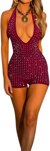 ECHOINE Women V Neck Sleeveless Romper Sequin Backless Shorts Jumpsuit Clubwear S-L in Saudi Arabia