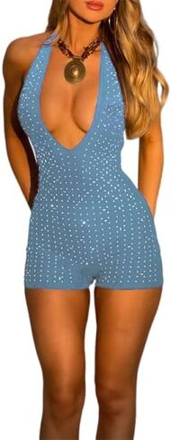 ECHOINE Women V Neck Sleeveless Romper Sequin Backless Shorts Jumpsuit Clubwear S-L in Saudi Arabia