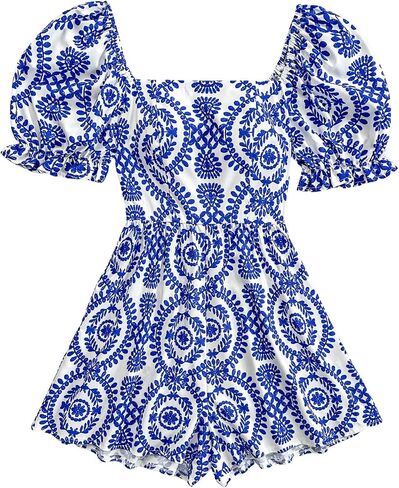 Milumia Women's Boho Floral Print Square Neck Puff Short Sleeve Rompers Jumpsuit in Kuwait