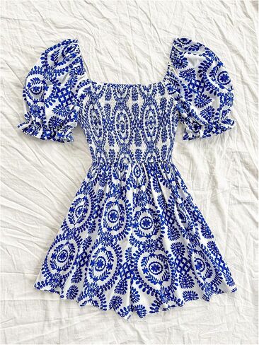 Milumia Women's Boho Floral Print Square Neck Puff Short Sleeve Rompers Jumpsuit in Kuwait