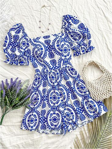 Milumia Women's Boho Floral Print Square Neck Puff Short Sleeve Rompers Jumpsuit in Kuwait