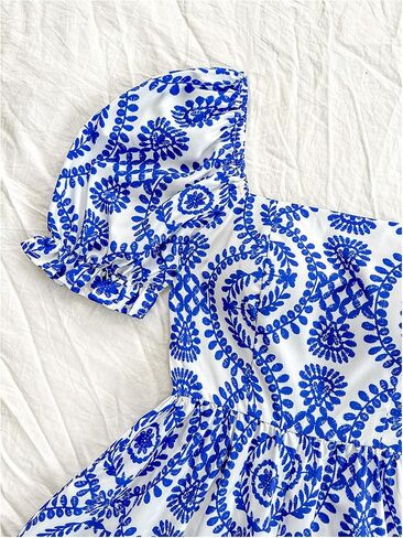 Milumia Women's Boho Floral Print Square Neck Puff Short Sleeve Rompers Jumpsuit in Kuwait