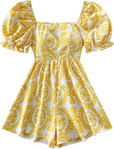 Milumia Women's Boho Floral Print Square Neck Puff Short Sleeve Rompers Jumpsuit in Kuwait