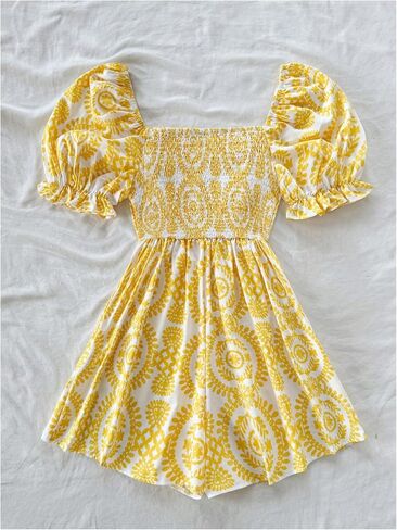 Milumia Women's Boho Floral Print Square Neck Puff Short Sleeve Rompers Jumpsuit in Kuwait