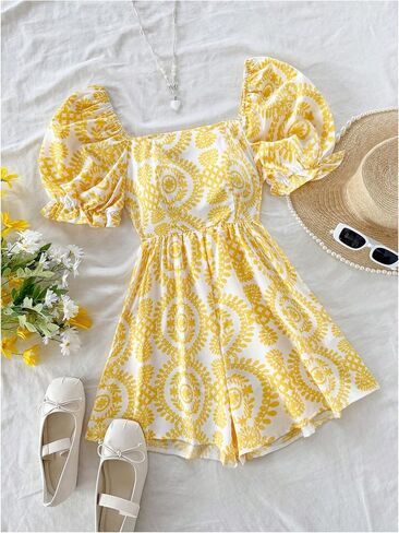 Milumia Women's Boho Floral Print Square Neck Puff Short Sleeve Rompers Jumpsuit in Kuwait