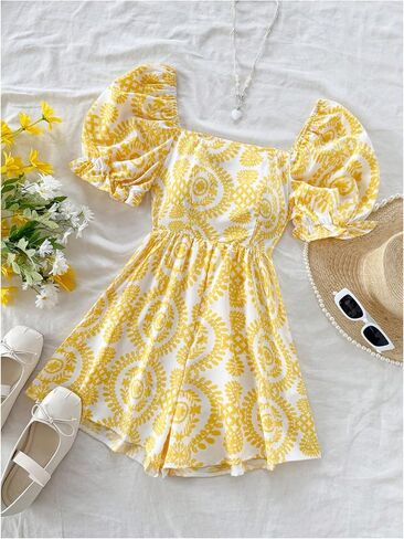Milumia Women's Boho Floral Print Square Neck Puff Short Sleeve Rompers Jumpsuit in Kuwait